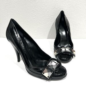 Burberry Patent Leather Nova Check Trim at Vamp Buckle Heels Black Size 37.5